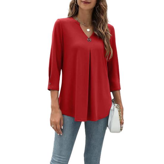 T-shirt da Donna Scollo a V Manica 3/4 Vestibilità Larga Traspirante T-shirt Colore Solido Pieghe Top di Media Lunghezza per Uso Quotidiano