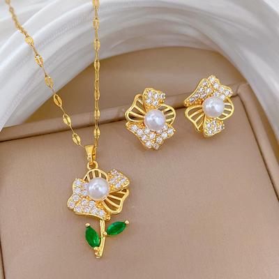 ZAKOL Luxury Shiny Zircon Pearl Flowers Pendant Necklace Earrings Set for Women Stainless Steel Chain Choker Jewelry Sets