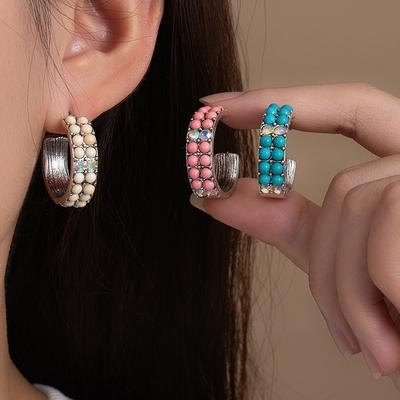 Western Ethnic Style Retro C-Shaped Exaggerated Stud Earrings Female Bohemian Style Earrings High-End Sense Colored Turquoise Earrings