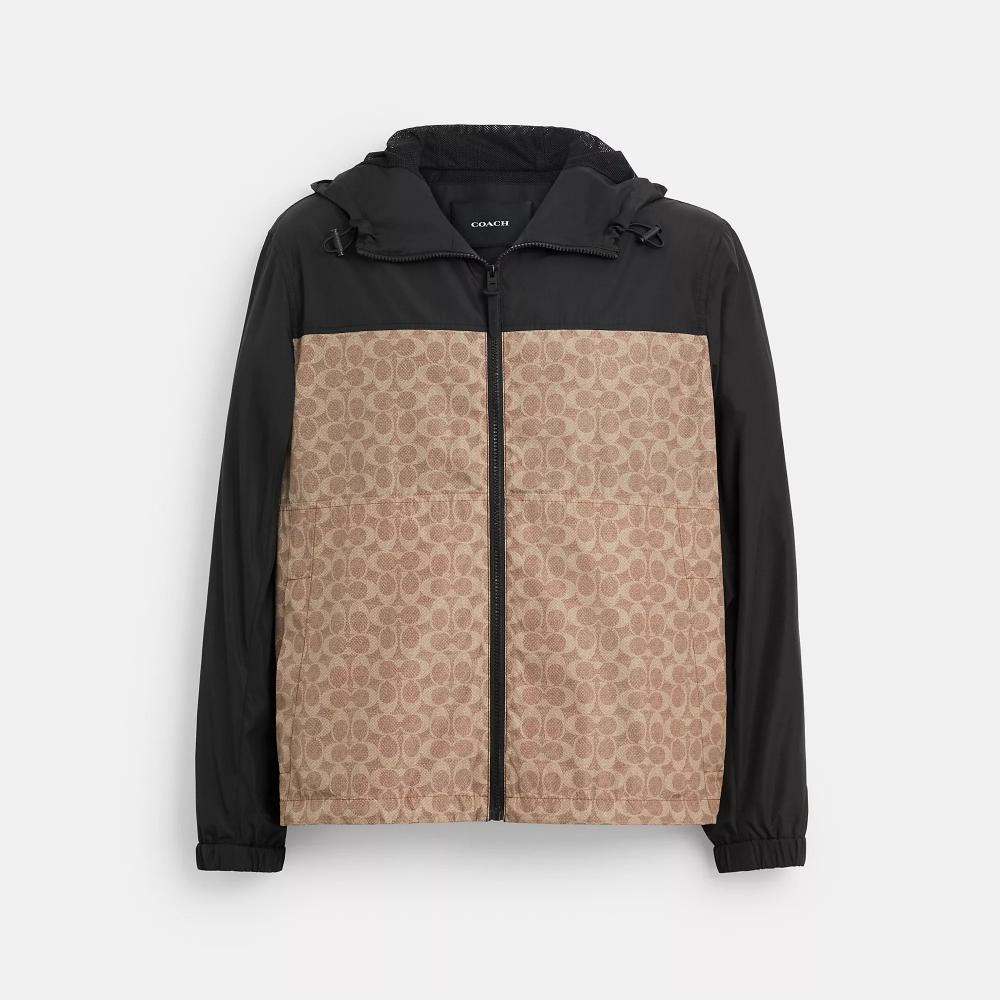 

Coach Signature Full Zip WIndbreaker In Recycled Polyester Tan Signature Large
