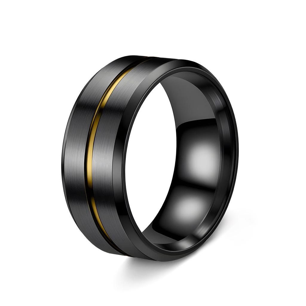 Fashionable 8mm Men's Black Stainless Steel Wedding Ring with Black Groove Beveled Engagement Ring, Suitable for Men's Valentine
