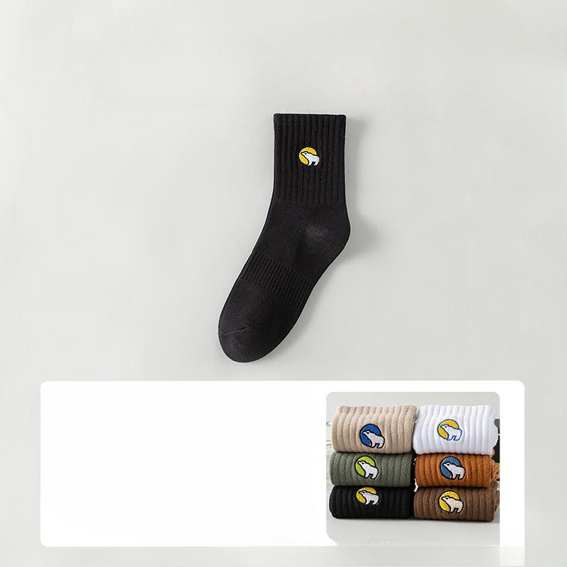 5 Pairs of Men's Autumn Cotton Sports Thick Embroidered Sweat Absorbing Deodorizing Mid Tube Socks