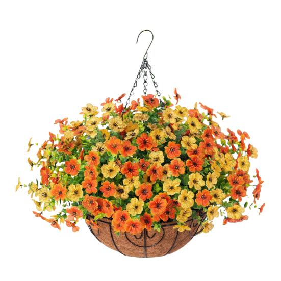 Künstliche Blumen Hängekorb Kunstblumen mit Eukalyptusblättern Hängepflanzer Enthält Blumen für Frühling Sommer Veranda Garten Terrasse