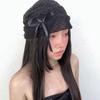 Women's Cute Black Bowknot Beanie Versatile Korean Style Elastic Head Wrap Lace Hat Fashionable Summer Face Slimming Cap
