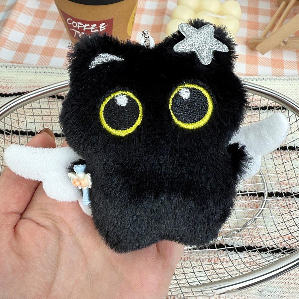 Angel Black Cat Plush Doll Keychain Badminton Car Key Ring Cute Doll Bag Pendant Gifts