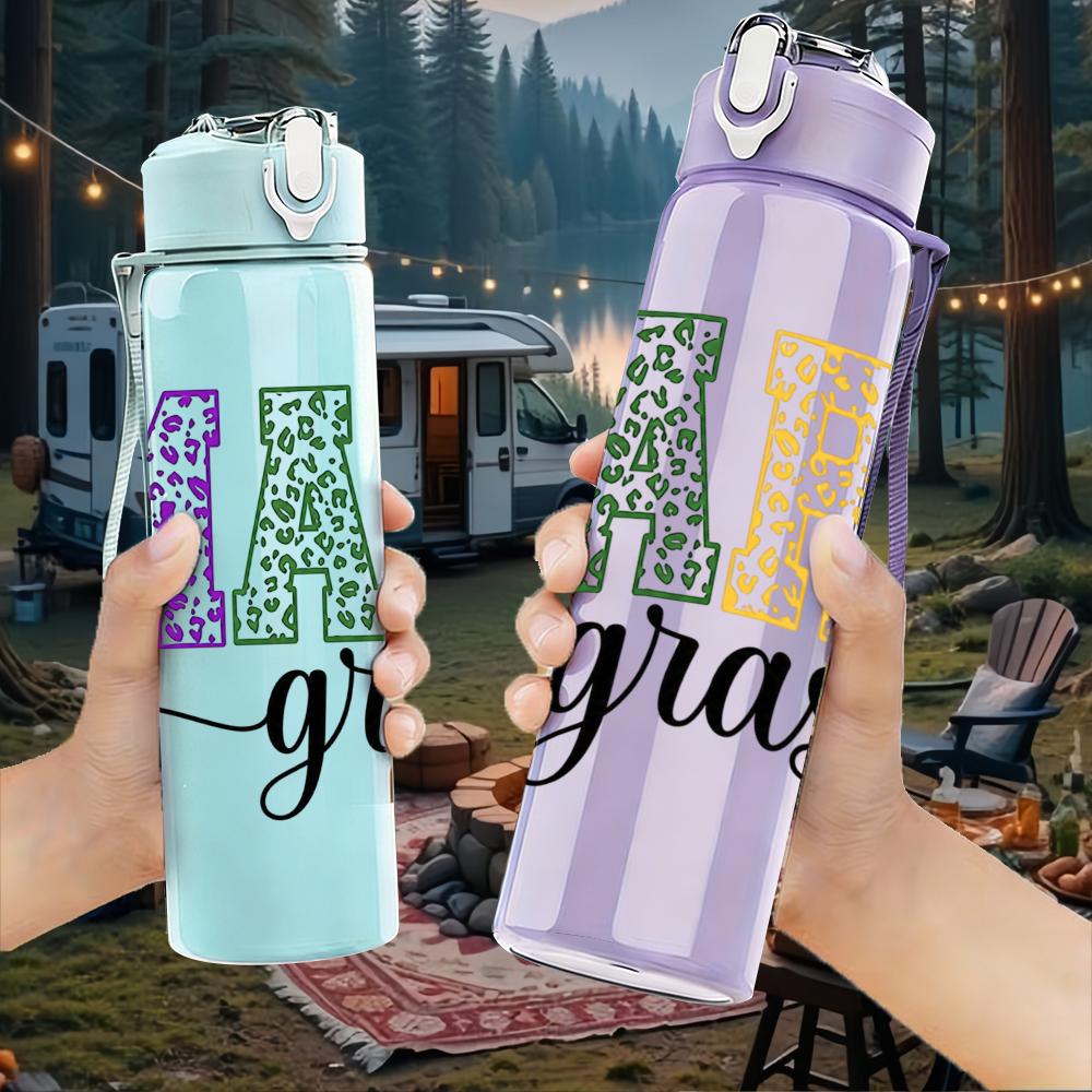 1PC Mardi Gras Color Letter Graphic,750ml Color Plastic Sports Water Bottle,Leakproof Flip Straw Lid,Suitable for Sports Office Home Use