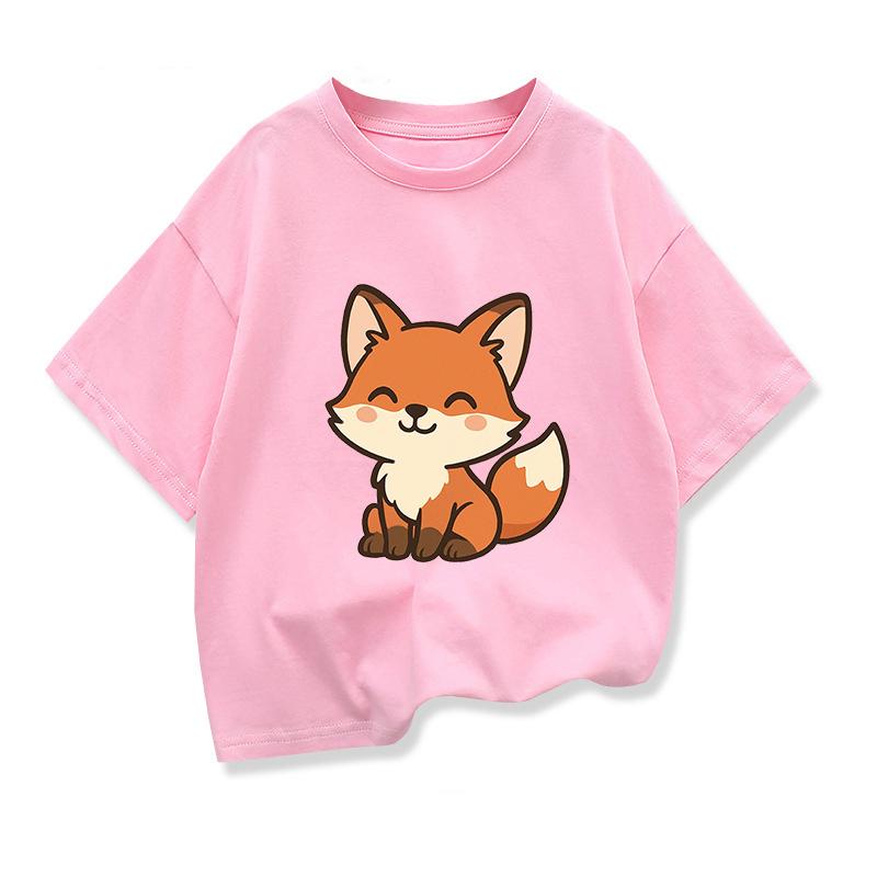 Kids Short-Sleeve T Shirts Cute Fox Children's Summer Pure Cotton Loose Tees Boys Girls Casual Tee Tops Kids Clothing Gift