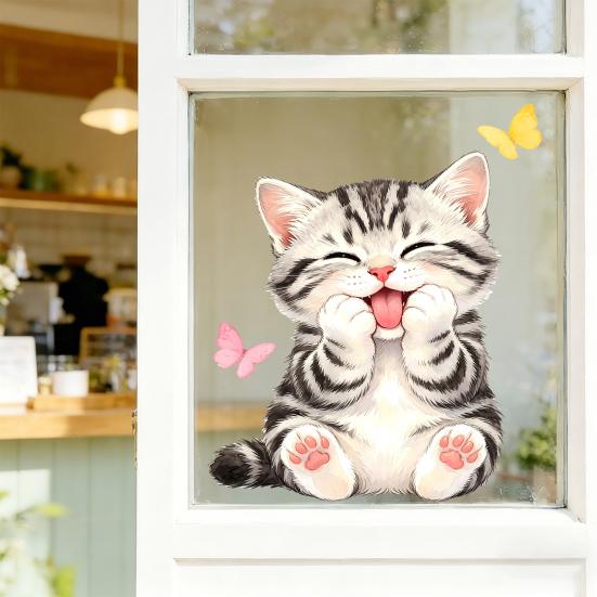 Cute Cat Window Cling, Cartoon Kitten Butterfly Decals, Reusable Watercolor Animal Static Glass Sticker for Kids Room Bathroom Decor