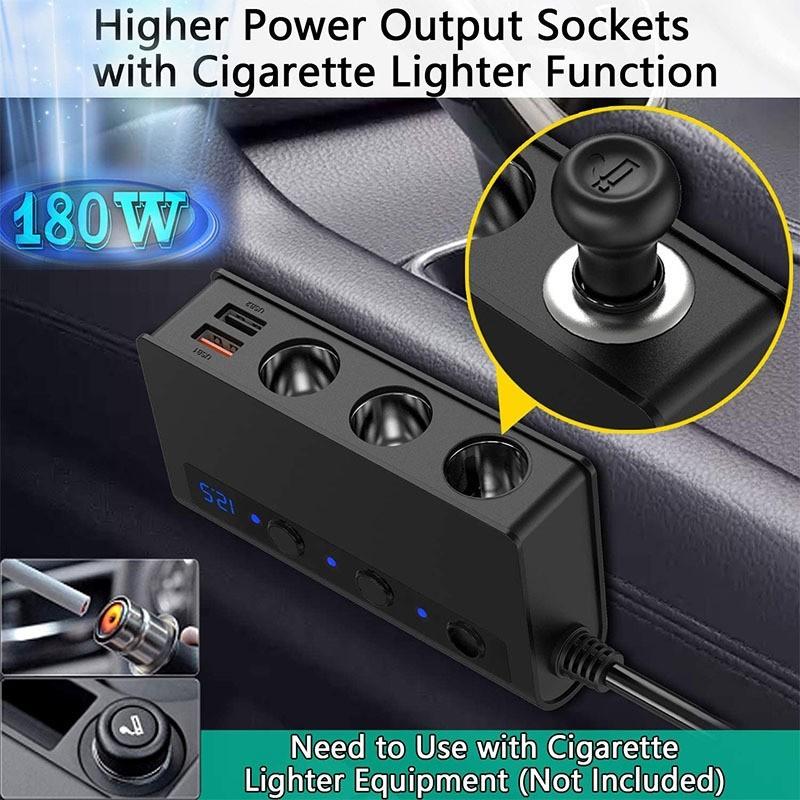 Car Cigarette Lighter 3 In 1 Belt Switch 4 USB 180W High Power QC3.0 Fast Charge Car Charger