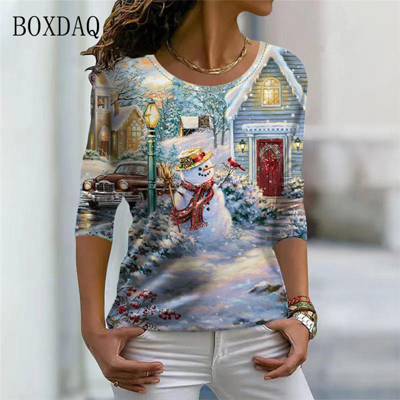 Santa Claus And Snowman Pattern Women Streetwear T-shirts Autumn Winter Long Sleeve 3d Print Christmas Style Ladies Casual Tops