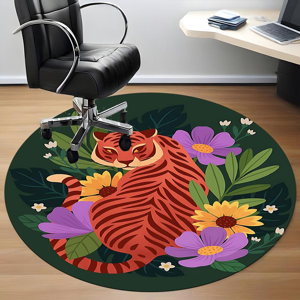 1pc Tiger Flowers Office Round Area Rug,  Mat Suitable For Office, Under Office Chairs Bedroom Living Room Home Decor, Room Deco