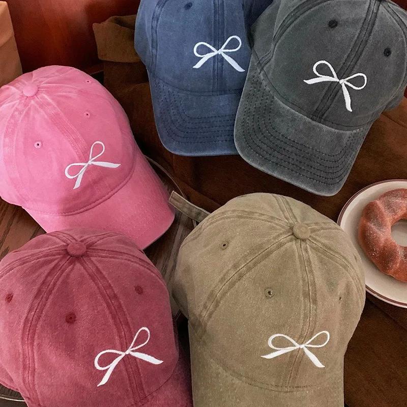 Korean Bow Baseball Caps for Women Retro Washed Cotton Adjustable Duck Tongue Caps Sweet Girl Outdoor Casual Sun Visor Hats