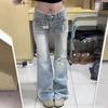 Light Wash Flared Jeans Women Lace Low Rise Floor Length Slim Fit Bell Bottom Pants Trendy Design Ladies