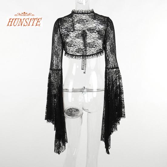 Vintage Gothic Black Lace T-shirt Elegant Flared Sleeve Smock Top See Through Sexy Cropped Tops Cardigan Streetwear