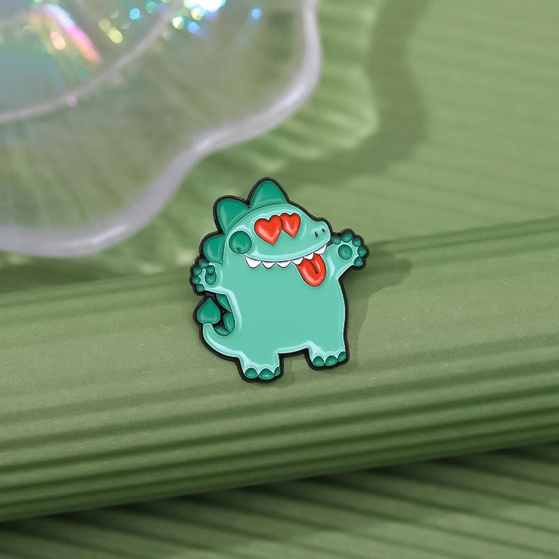 Playful Green Cartoon Dinosaur Inspired Brooch With Heart And Rose Design Couples For