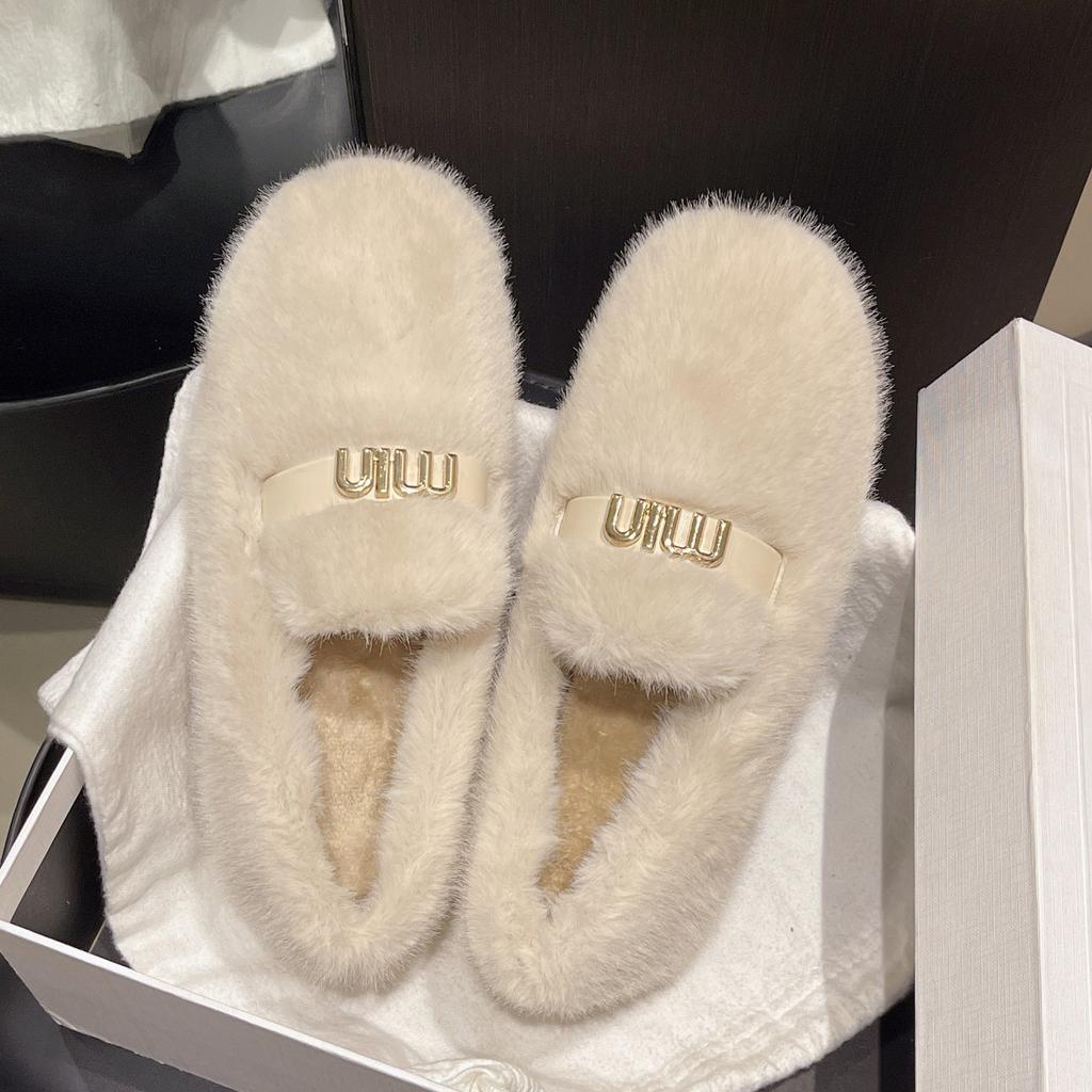 thick-soled fluffy shoes for women to wear in winter, lazy wind shoes, Korean version of one-pedal velvet warm cotton shoes, foreign style Doudou shoe