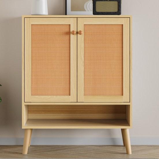 Shoe Cabinet with 2 Rattan Doors and 5 Shelves, Hallway Shoe Cabinet with Wood Handles and Solid Wood Legs