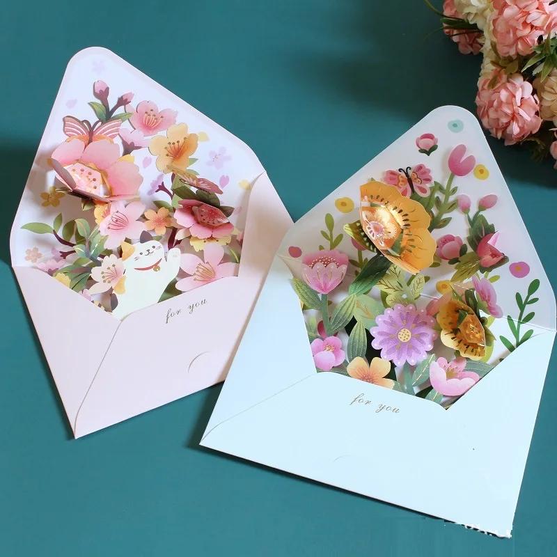 3D Greeting Cards Romantic Flower Pop Up Card with Envelope Creative Laser Cut Post Card for Birthday Party Wedding Decoration