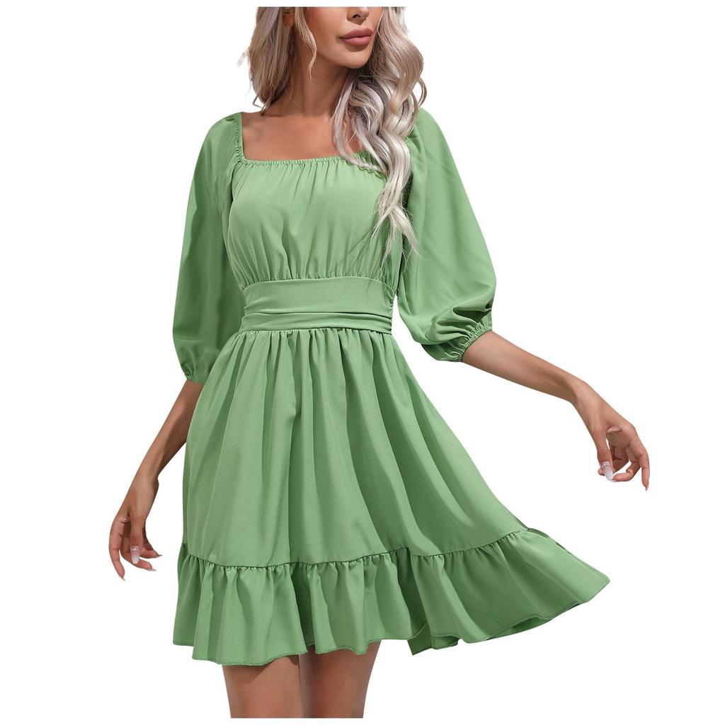 Dámské letní šaty na zavazování s čtvercovým výstřihem, volánky, puf rukávy s pětibodovou délkou, zavazováním, drapováním, odhalenými rameny, áčkového střihu, ležérní