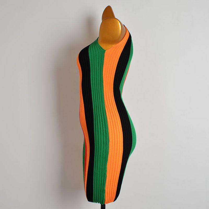 Summer Color Stripes round Neck Halterneck Sleeveless Vest Knitting Dress Women's Clothing Fashion Slim Fit Slimming Bodycon Dress