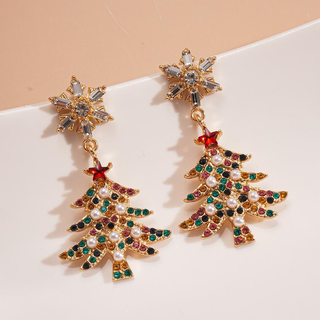 Christmas Diamond Imitation Pearl Snowflake Christmas Tree Silver Needle Earrings Premium Earrings