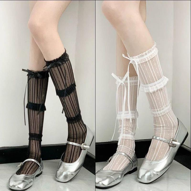Ballet Middle Tube Socks Ballet Style Socks Women Summer Sweet Lace Ribbon Bowknot Socks Thigh High Socks Black White Socks