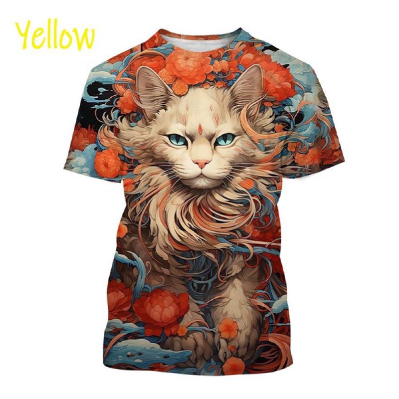 Fashion Japanese Style Ukiyo-e Animal Cat Print T Shirt For Men 3D Harajuku Short Sleeve Crew Neck T-shirt Kid Top Oversized Tee
