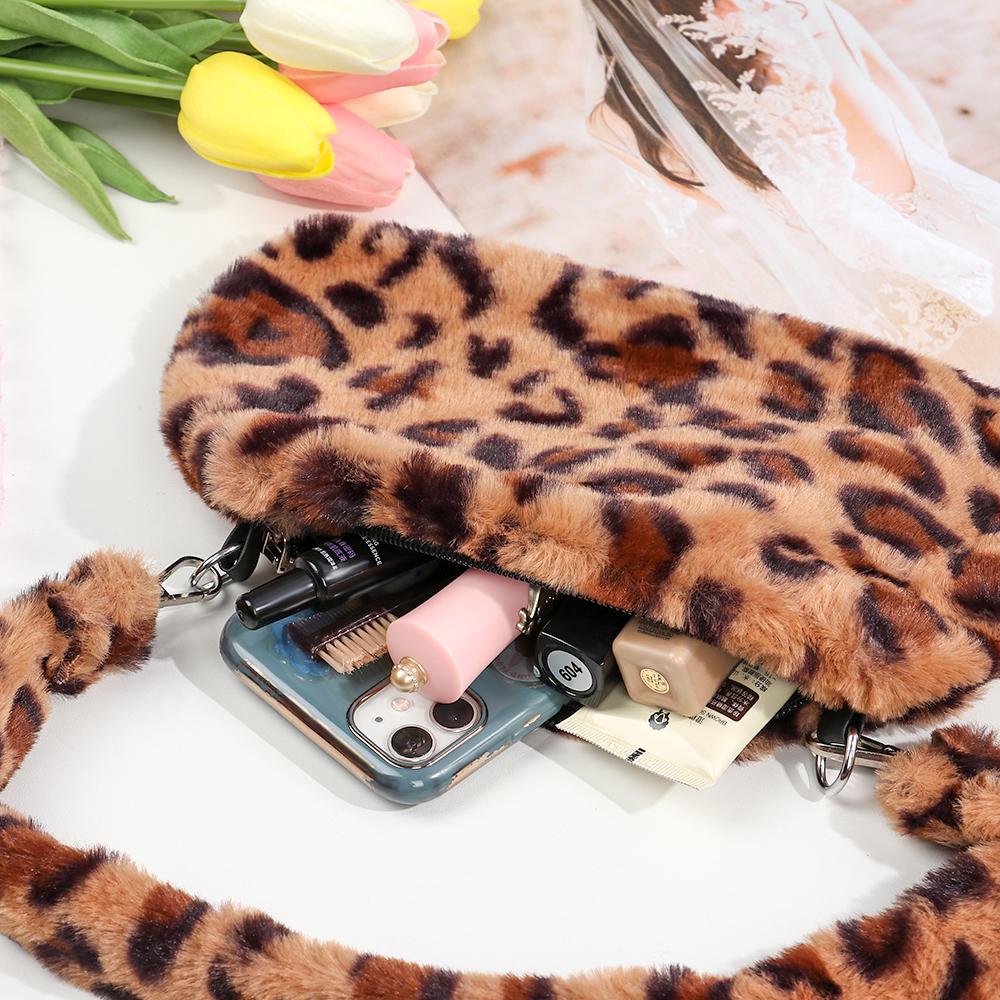Women Leopard Print Plush Shoulder Bag Fashion Casual Underarm Crossbody Messenger Purse