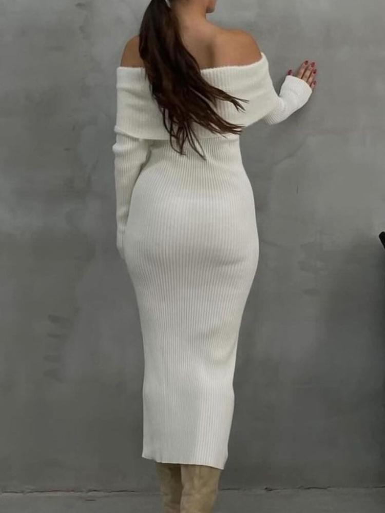 Ladies Knitwear Maxi Dress Fashion Knit Long Dress Off-Shoulder Female Ribbed Loose High Waist Elegant Autumn Party Dress