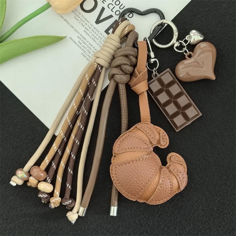 Trendy Croissant Woven Rope Keychain Creative Versatile Keyring Bag Pendant Y2K Vintage Pu Leather Key Hanging Decoration Gifts