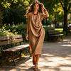 Women's Draped Deep V Neck Dress, Summer Sleeveless Loose Flowy Dress, Casual Travel Vacation Ruched Long Dress