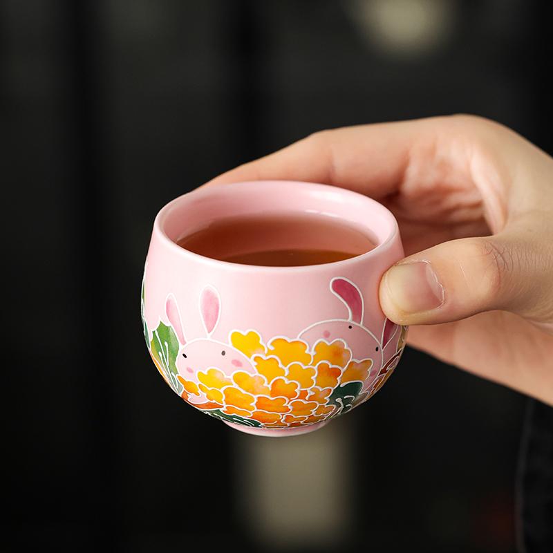 2pcs 80ml Pink Ru Yao Cute Rabbit Chinese Tea Cup Ru Kiln Ceramic Opening Beautiful Teacup Flowers Teaware Tea Tasting Cup
