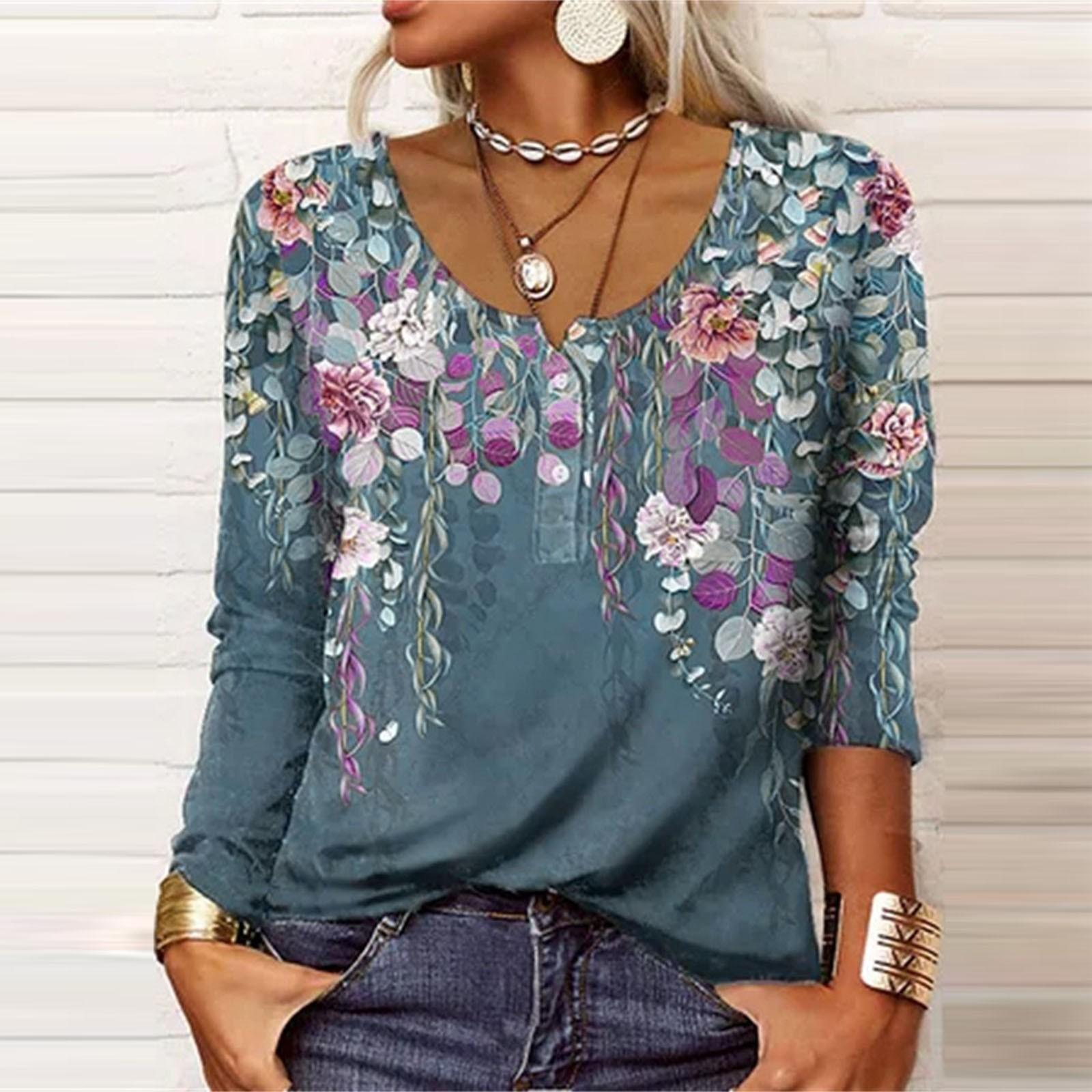 

Women s Fashion Casual Long Sleeve Geometric Flower U-neck Button-down Blouse XXXL зелёный