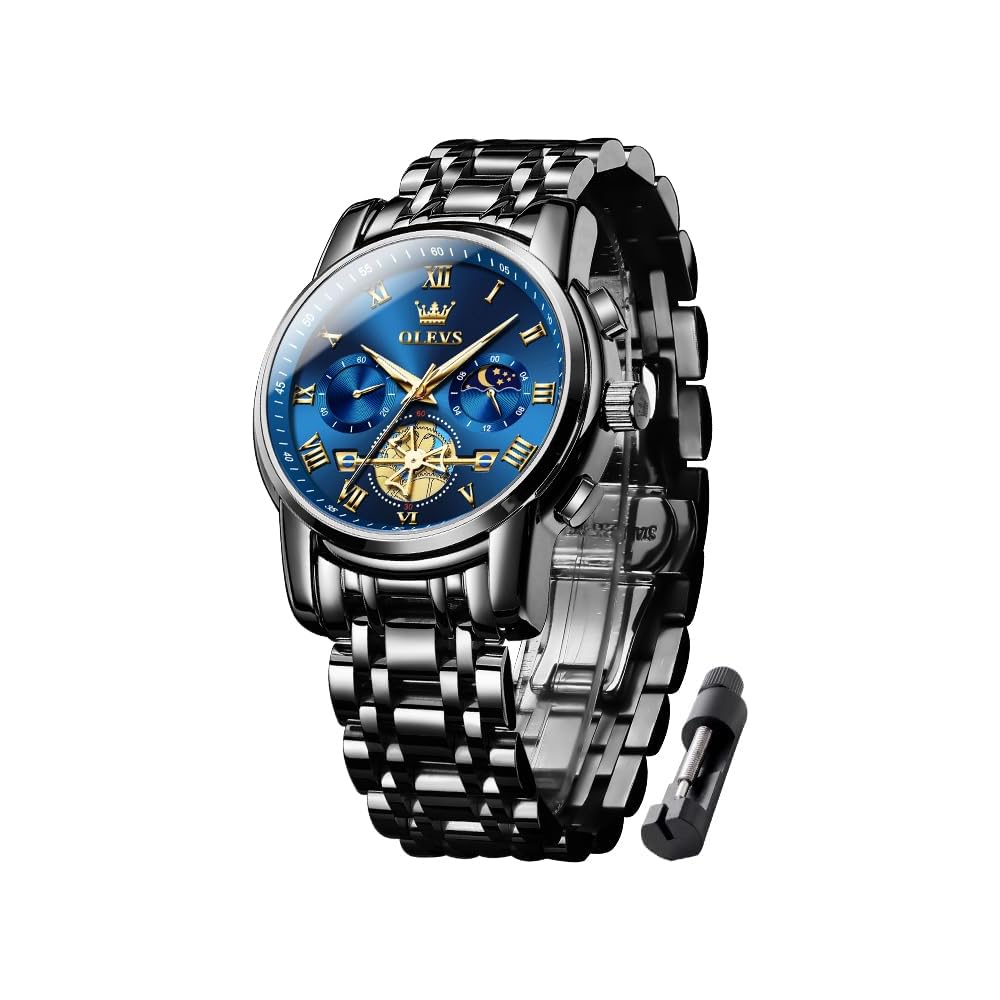 OLEVS Men s Chronograph Watch Stylish Business Analog Waterproof Quartz Black Blue