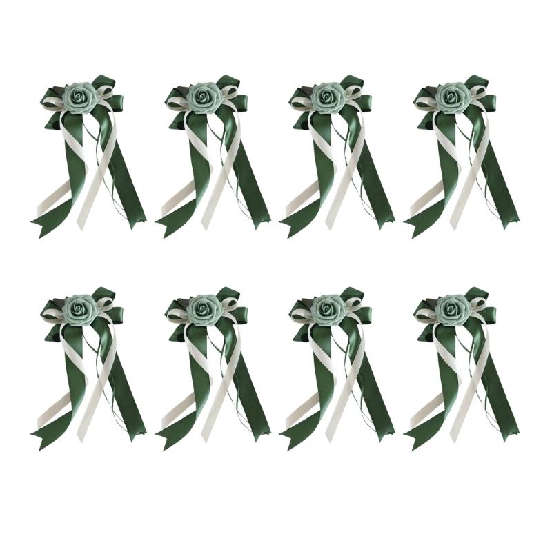 8Pcs Wedding Car Glasses Decorative Bowknots Hangings Artificial Silk Flower Door Handle Decors for Bridal Vehicle