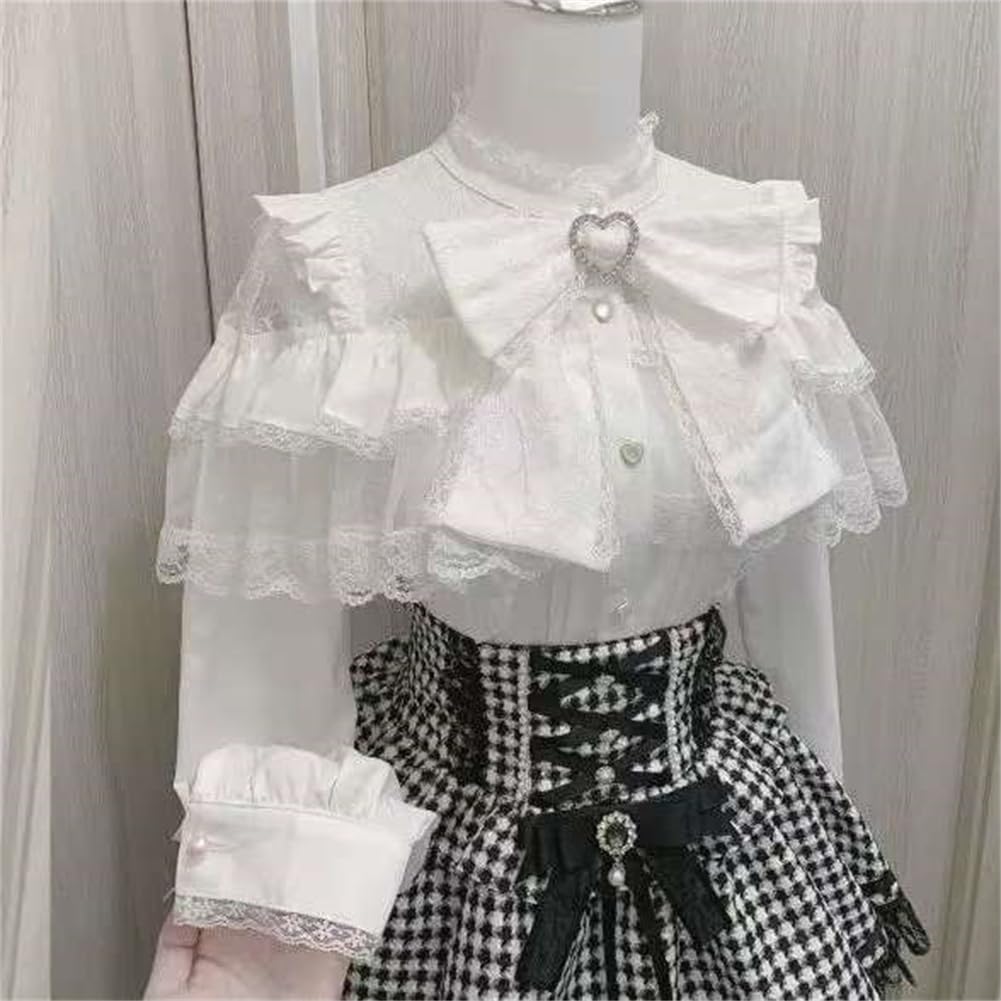 EDREES Long Sleeve Round Neck Lace Ruffle Cute Mori Girl Top with Lolita Harajuku Winter Long Women's Blouse, Princess-Style Bow, Detachable, Style,