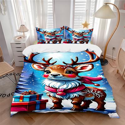 3pcs Christmas Deer Bedding Set - 1 Duvet Cover + 2 Pillowcases(Core Not Included), Machine Washable Polyester Yy251216140
