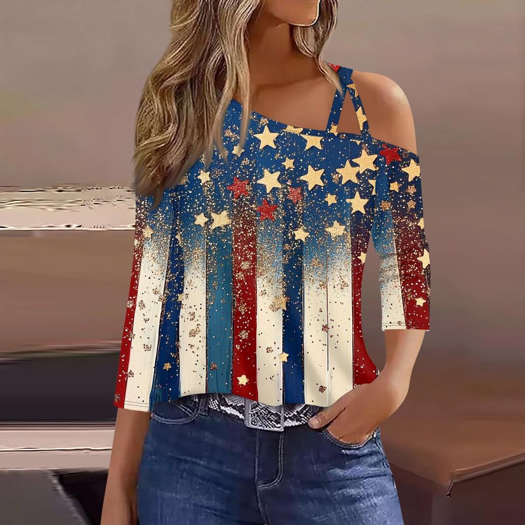 Women's Fashion Casual Independence Day Print Sexy Cold Shoulder 3/4 Sleeve T-shirt Top