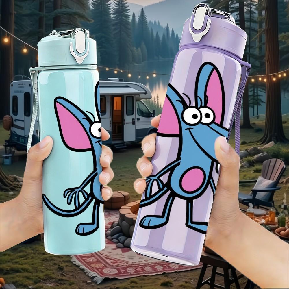 1PC Little Grey Mouse Cartoon 750ml Color Plastic Sports Water Bottle Leakproof Flip Straw Lid Suitable for Sports Office Home Use