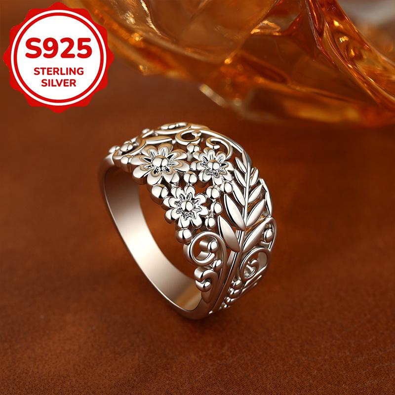 Sterling silver vintage floral wide ring