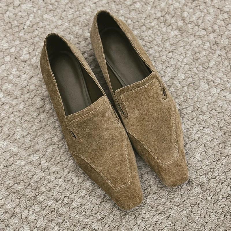 Vintage Suede Suede Niche Small Square Toe Low-heeled Flat Loafers Women's 2025 New Autumn and Winter Deep Shoes