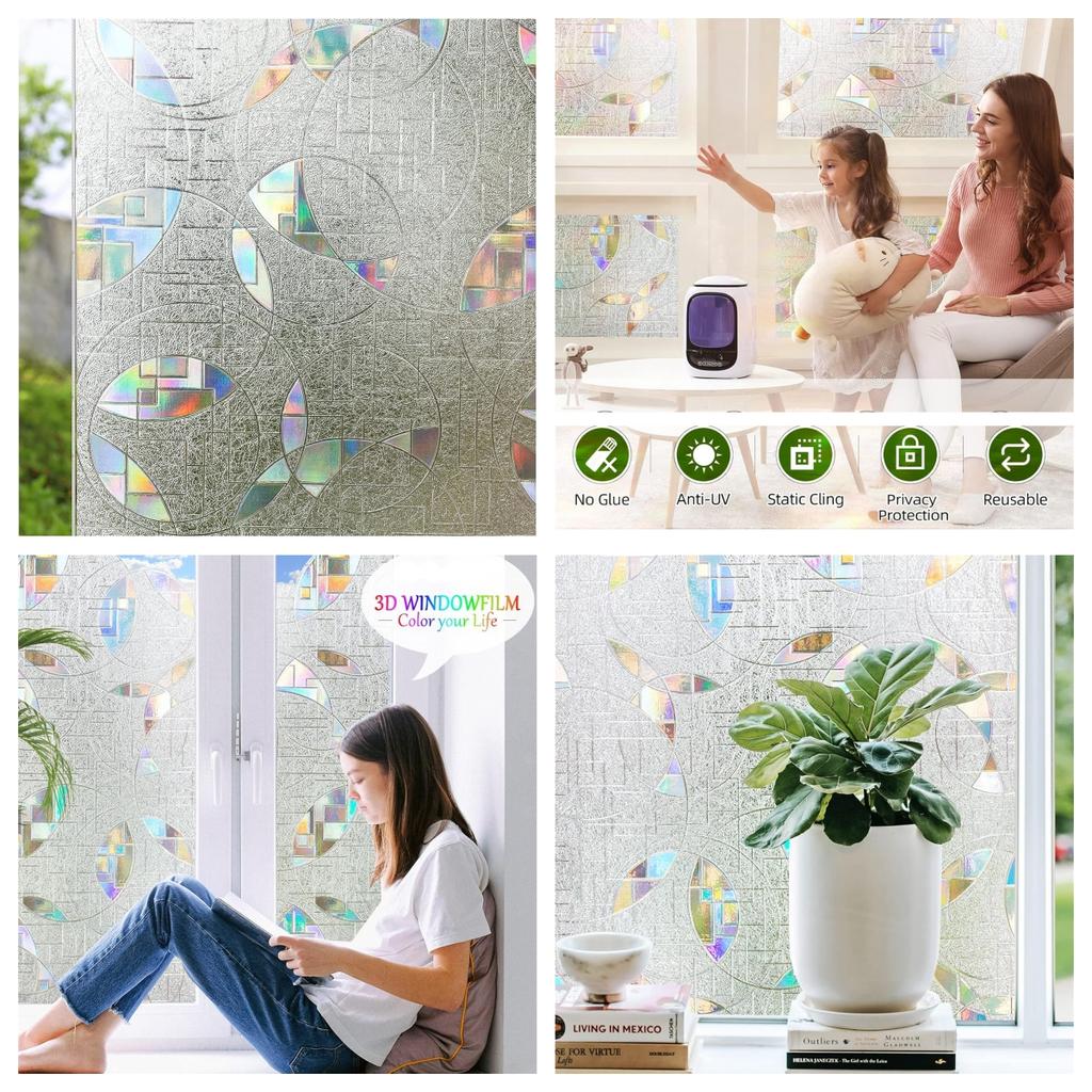 Szeroka 75/90 cm Samoprzylepna Folia Okienna 3D z Winylu Zapewniająca Prywatność, Izolacja Cieplna Folie Okienne Tęczowe, Ochrona UV Naklejki Dekoracyjne na Szkło