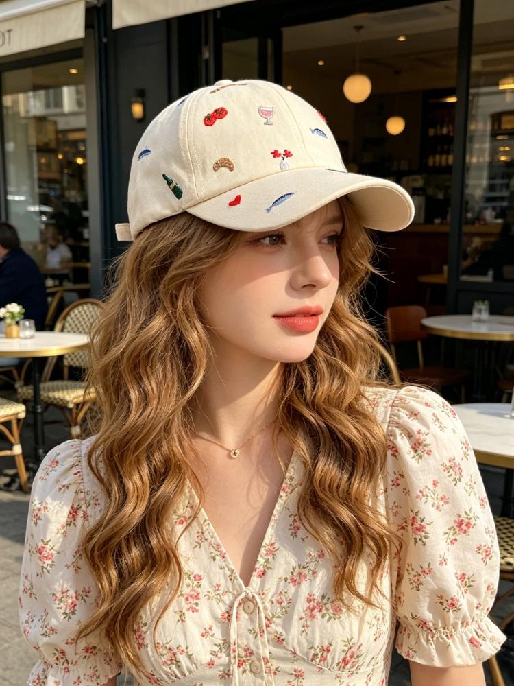 Kawaii Embroidery Baseball Cap for Women Aesthetic Food & Wine Pattern Soft Cotton Adjustable Dad Hat Summer Outdoor Sunshade Cap