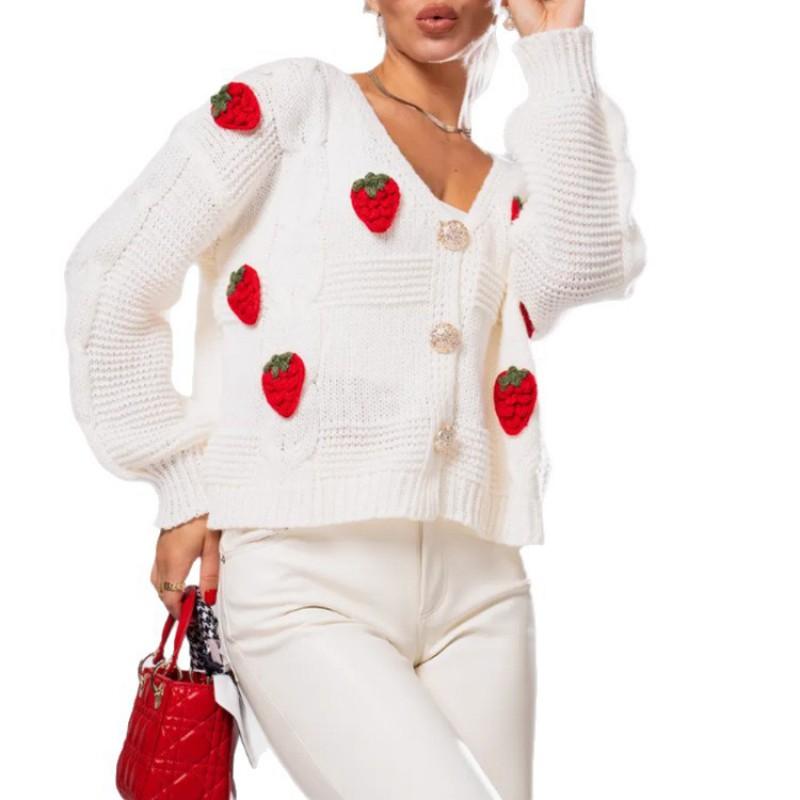 Womens Oversized V-Neck Knit Cardigan With 3D Strawberry Print Loose Fit Casual Sweater Jacket Acrylic Blend 2025
