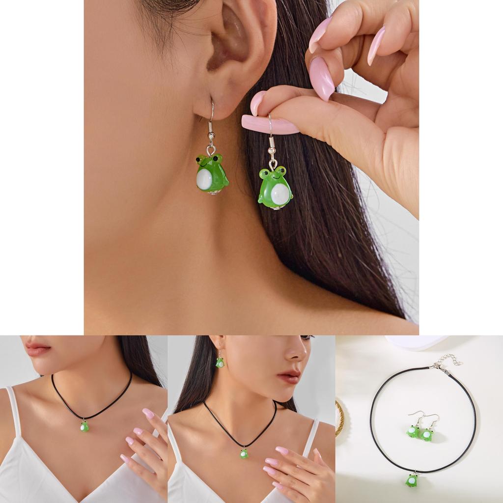 Frosch Cartoon Glas Halskette und Ohrring Set mit Perlenkette für lässige Frauen und Männer