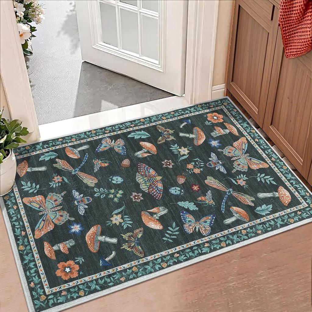 Retro Waldtier Teppich Libelle Pilz Schmetterling Teppich Heimdekoration Eingangsbereich Fußmatte Blau Blumiger Bodenläufer
