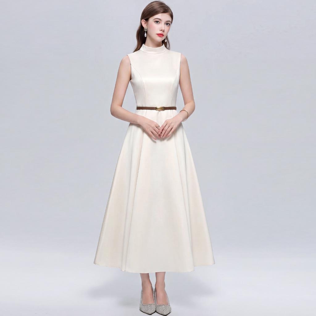 Elegant Sleeveless Round-Neck Slimming Satin A-Line Maxi Dress for Women Vintage Solid Mid Length Prom Birthday Party Formal Dress