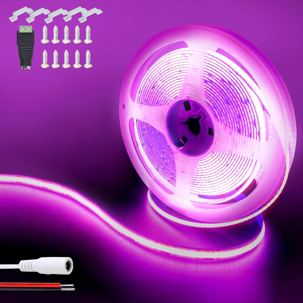 Clearhill COB LED Strip Light Only with Bare 5M Purple 12V Black Red Wire Connection 320 Strong Light Width 8mm IP20 Emission Double Sided Tape