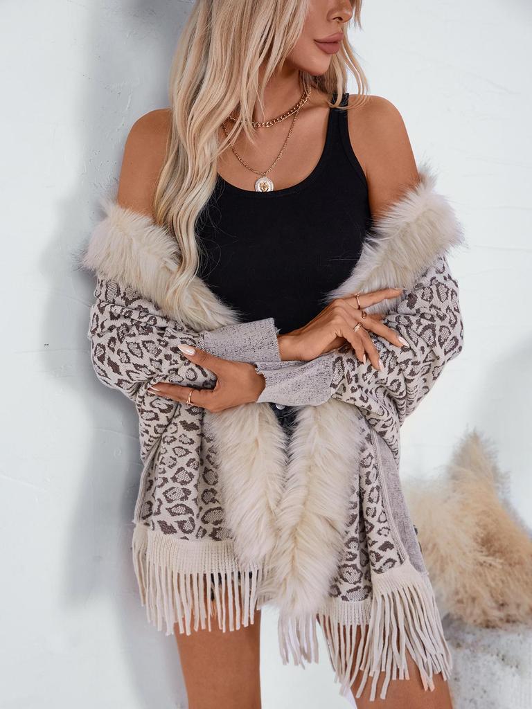 Leopard Print Fur Collar Knitted Cardigan: Autumn/Winter Batwing Sleeve Cape