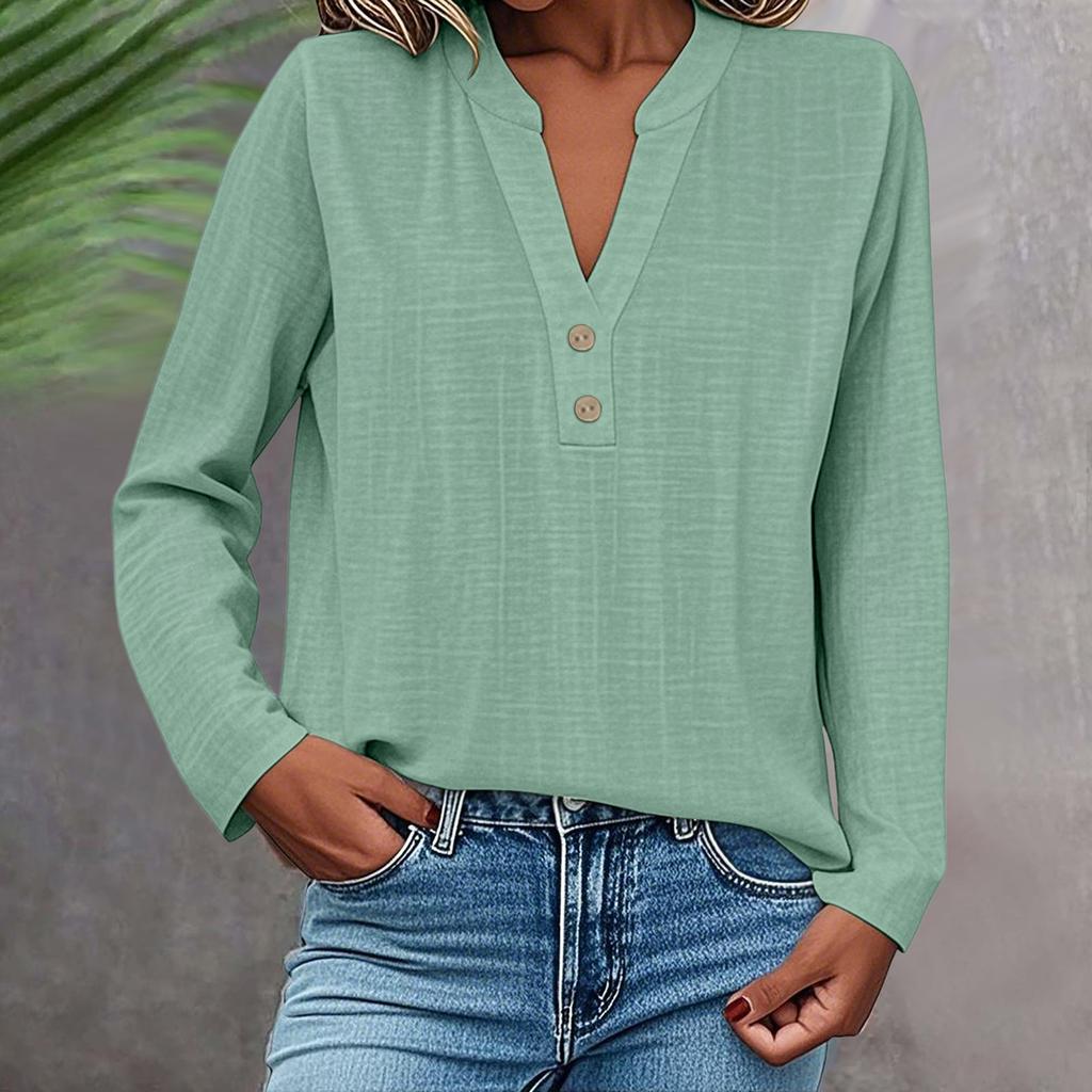 Long Sleeve Linen Tops For Women Loose Fit V Neck Button Down Shirts Cute Solid Summer Beach Tee Shirts